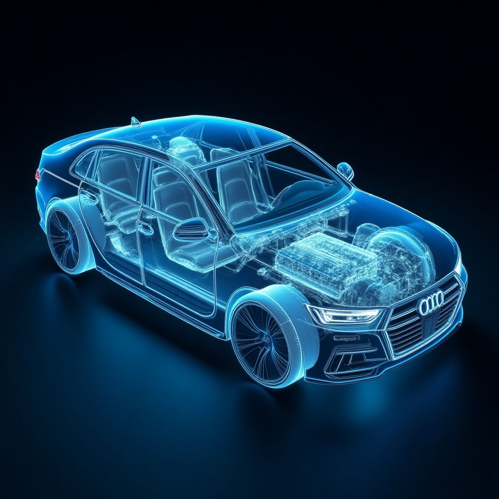 Vista futurista de un motor de auto con gráficos digitales